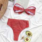 2026 Sexy Bikini Bandeau Women Shining Silk Bow High Waist Solid Swimwear Swimsuit Bikinis Set Bathing Suit Bikini Taille Haute