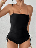 2026 Strapless Drawstring Swimsuit One Piece Solid Black Swimwear Women Sexy Bathers Bathing Swimming Swim Suit Female Beachwear