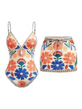 S - XL New Floral Printed With Skirt Women Swimwear V Neck High Leg Cut Bather Bathing Suit Swim One Piece Swimsuit Female K8041