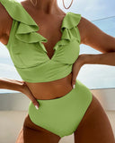 Solid Color Sexy V-neck Ruffle Bikini 2026 Women 2 Piece Swimwear Push Up Padded High Waist Swimsuit Summer Beach Bathing Suit