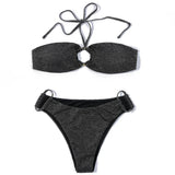 ZTVitality Shiny Black Women Swimsuit Sexy Bikini 2022 New Arrival Halter Padded Bandage Ring Beach Swimwear Brazilian Biquini