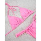 PU Pleated Ruched Bikinis Mini Micro Thong Bikini Women Swimwear Female Swimsuit Two-pieces Bikini Set Halter Bathing Suit Swim