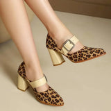Spring  Autumn New Model Fashion High Heels Nude Shoes Color Blocking Pointed Tip Buckle Leopard Print Sexy Party Women's Shoes