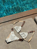 2025 Boho Crochet Bikini Set Cream Knit with Leather Straps Metal Buckles Perfect for Beach Wear Pool Parties Summer Getaways