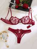 French vintage wine-red rose embroidery lingerie set - net sheer bra + T-shirt - sexy sensual women's lingerie ZA824026