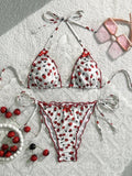 Sexy White Strawberry Print Mini Bikini 2026 Women Bow Strap Push Up Tie Side Thong Swimsuit Beach Holiday Bathing Suit Swimwear