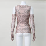 AHAgaga Sexy Tee T-shirt Women 2025 Summer Casual Letter Print Skinny See Through With Gloves Cropped Shirts Women Female Blusas