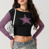 Early Autumn Punk Style Slim Fit T-shirt Women Long Sleeve Crew Neck Star Stripes Patchwork Ladies Tops for Casual Daily