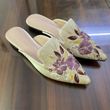 2026 Big Size 43 Summer Women's Blue Mules Slipper Sandals with Silk Flowers Embroidery Comfy Walking Slide Flat Satin Shoes