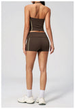 2PCS Women Yoga Sets Color Contrast Hanging Neck V Neck Slimming Sports Tank Top Flip High Waist Shorts Gym Running Fitness Suit