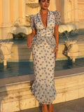 FDYOUI V-neck Short Sleeve Single Breasted Ruffles Blouse Tops+Mermaid Skirts Suits Elegant Floral Print Midi Dress 2 Piece Set
