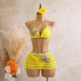 Sexy Black 3D Flower Holiday Bikini Set 2026 Women Drawstring Side Knitted Cover Up 3 Piece Swimsuit Beach Bathing Suit Swimwear