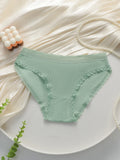 Women Ribbed Cotton Briefs Lace Trim Mid Waist Panties Soft Breathable Rhinestone Star Decor Ladies Daily Basic Underwear W134