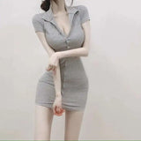 South Korea 2023 New Spring/Summer Dress Small Sexy Slim Fit Temperament Tight Short Sleeve Slim Wrap Hip Short Dress IDEI