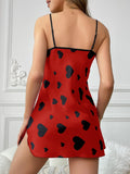 Women's Holiday four Seasons Love Print Fashion V Neck Open Elegant Slip Nightdress