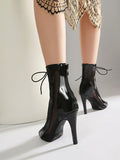 Plus Size Women Patent Leather Mesh Spliced Ankle Boots Back Zipper Peep Toe Lace Up Stiletto High Heels Hollow Out Summer Booti