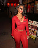 2026 New Women Ins Fashion Solid Color Sexy Straight Shoulder Contrast Stitch Long Sleeve 2 Piece Outfit