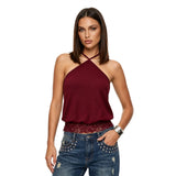 Women's Summer  Slim Fit Going Out Halter Tank Tops Lace Trim Hem Sleeveless Backless Vest