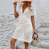 S - XL Short Sleeve V Neck Crochet Knitted Tunic Beach Cover Up Cover-ups Beach Dress Beach Wear Beachwear Female Women V5314