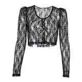 Sweet Sexy Girl Floral Lace See Through Cardigan Shirt Women Long Sleeve V Neck Slim Crop Top Beach Club Single Breasted Tops
