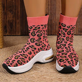 Fashion Leopard Print Platform Ankle Boots Women Comfy Slip On Breathable Knitted Boots Woman Plus Size 35-43 Wedges Short Boots
