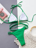 2026 Sexy Bikini Women Swimwear Swimsuit Green Hollow Triangle Halter Pearl Buckle Bikinis Set Bathing Suit Beach Bikini Female