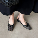 Woven Bow Back Strap Design Sandals Women's Summer New Square Head Shallow Mouth Single Shoe Comfortable Elegant Cool Pumps