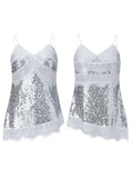 Women Camisoles Solid Color Lace Trim Sequins Spaghetti Strap Tank Tops Summer Fashion Sleeveless Vests Streetwear