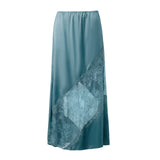 Fashion Stylish Women's Long Skirt Solid Color Satin Lace Patchwork Mid Rise Skirt for Spring Summer