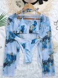 Marble Print V-Bar Underwired Bikini Women Swimsuit Female Swimwear Three-pieces Bikini Set Push Up Bathing Suit Beach Sarong
