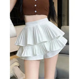Double-layered Solid Colour High Waist A-line Hundred Mini Cake Skirt Including Safety Trousers Anti-glare Bustier Pleated Skirt