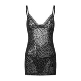 Women's Sheer Lingerie Set Romantic Leopard Print Sleeveless Deep V Neck Babydoll Nightdress with G-String 2 Pcs Set