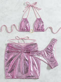 3PCS with Skirt Shiny Snake Skin Bikini Women Swimwear Female Swimsuit Three-pieces Bikini Set Halter Bathing Suit Beach Wear
