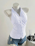 Summer Casual Shirt Women's Blue Striped Halter Top V Neck Button Down Sleeveless Slim Fit Blouse 2026 Y2K Style Streetwear