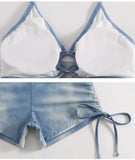 Swimsuit Women's Blue Tie Dye Split Bikini Cover, Sexy Women's Hot Spring Swimsuit Three Piece Set