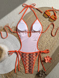 Printed Halter V Neck One Piece Swimsuit Women Swimwear Female Backless Monokini High Leg Cut Bather Bathing Suit Swim Bodysuit