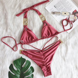 DEKA Solid Green Rhinestones Bikini Set Women Push Up Glitter Diamond Swimsuit Chain Metal Bathing Suit Luxury Thong Swimwear