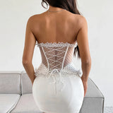 Women Corset Vest Sexy See Through Dot Print Lace Trim Club Wear Fishbone Tank Top Strapless Buckle Tie Rope Perspective Tops