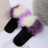 Mix Color Faux Fur Cotton Slippers for Women Open Toe Non Slip Plush Slippers Woman 2025 Lightweight Indoor Flats Slides Mujer