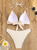 Push Up Ribbed Halter Bra Cup Bikini Female Swimsuit Women Swimwear Three-pieces Bikini Set Diamond Link Bathing Suit Swim Lady