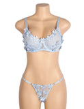 Blue Floral Lace Mesh Bra and Panties Set for Women Push Up Underwire Adjustable Straps Daily Sleepwear Romantic Fancy Lingerie