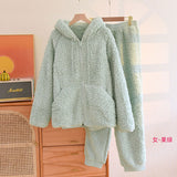 Korean New Women Warm Coral Fleece Pajamas Set Autumn Winter Sleepwear 2 Pieces Home Suit Casual Hooded Pajamas Night Wear