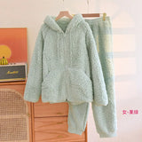 Korean New Women Warm Coral Fleece Pajamas Set Autumn Winter Sleepwear 2 Pieces Home Suit Casual Hooded Pajamas Night Wear