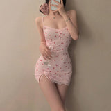 Women's Nightdress Cute Fitted Mini Nightgown Lace Trim Detail Spaghetti Straps Pink Cherry Print Dress Summer Sleepwear