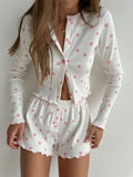 Women Ribbed Knitted Pajama Sets Floral Print Long Sleeve Top and Shorts Casual Loungewear Home Clothes Sleepwear