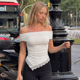 FDYOUI Woman Clothing Slash Neck T-shirts 2026 Summer Sleeveless Lace Patchwork White T Shirt Y2K Girls Irregular Corset Tee Top