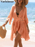 V Neck Half Sleeve Splicing Crochet Knitted Tunic Beach Cover Up Cover-ups Beach Dress Beach Wear Beachwear Female Women V7660
