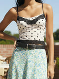 Women Fashion Dot Print Lace Patchwork Crop Tops Summer Slim Camisole Spaghetti Strap Mesh Tank Tops Streetwear
