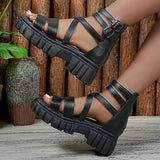 Chunky Platform Gladiator Sandals Women Buckle Decor Cross Strap Thick Bottom Sandles Woman Back Zip Pu Leather Sandalias 35-43