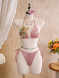Women embroidery flower glitter metallic bikinis sets 3pcs with split mini skirt swimsuit bathing suit beach outfits biquini
